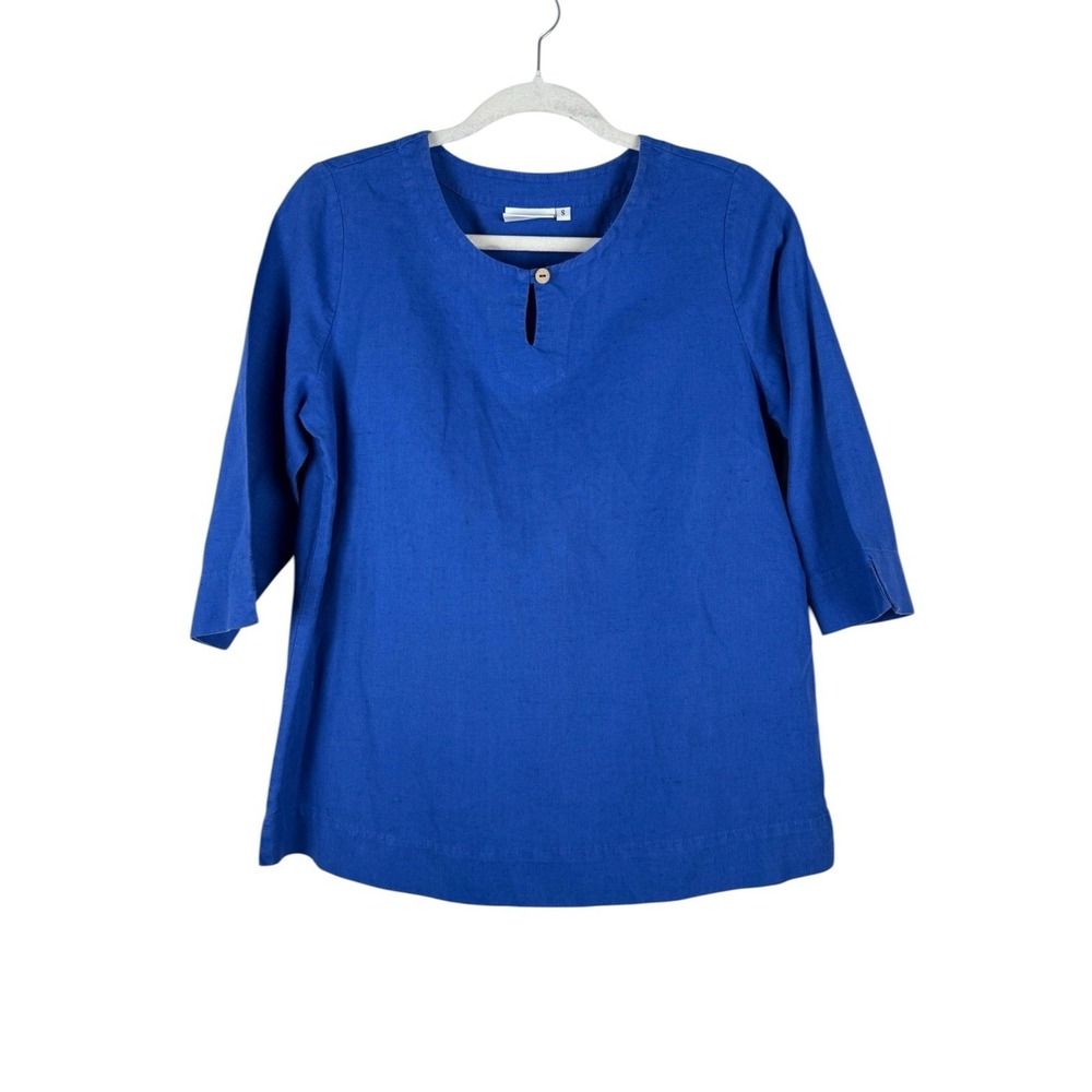 Hot Cotton Petite Blue‎ 3/4 Sleeve Button Linen Cotton Top Women's S Minimalist